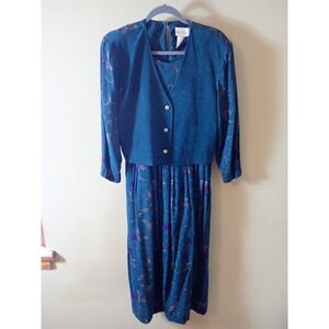 Miss Dorby 80s Vintage Dress Blue Green Size 12 Floral One Piece Cropped